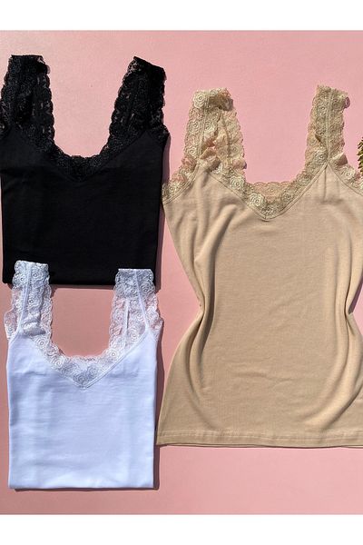 LEYNA BUTİK Women's Modal Fabric Lace Strap V-Neck 3-Piece White, Black, Skin Undershirt