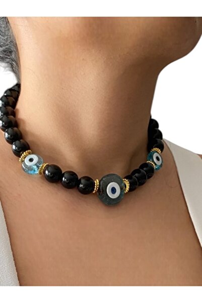 By Saadet Özkanlı Kadın oniks, volkan taşı, jasper, mercan Kaplan Gözü Doğaltaş  Kolye Nazar Boncuklu Doğaltaş Choker
