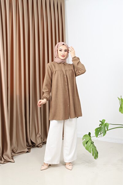 Giyim Gezegeni Women's Linen Tunic Shirt with Gathered Front and Elastic Sleeves