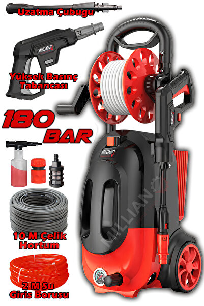 Millian Profesyonel 180 Bar -  Bakır Sargılı Yüksek Basınçlı Çok Amaçlı Araba Bahçe ve Oto Yıkama Makinesi