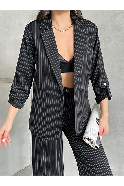 MD trend Women's Sleeve Folded Striped Blazer Jacket and Palazzo Pants Two Piece Set