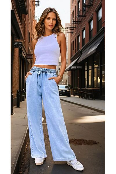 Pasaklı Giyim Pantaloni de damă, cu șireturi, cu talie elastică, cu picioare largi, subțiri, din denim Kt 088280