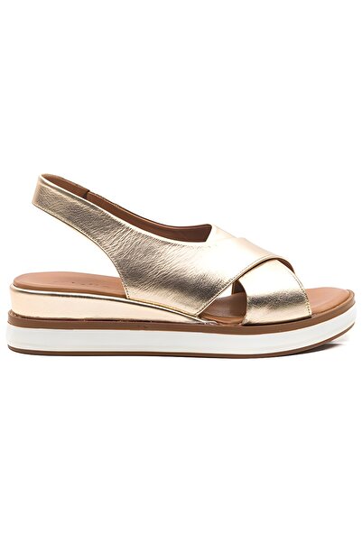 ERNİLA Di̇one Gold Genuine Leather Wedge Heeled Women's Sandals