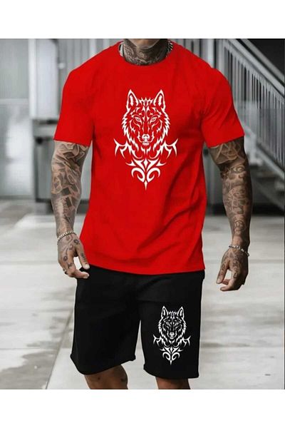 FULL TOLERANCE Wolf Head Printed Casual Comfortable Oversize Men's Crew Neck T-Shirt-Shorts Set