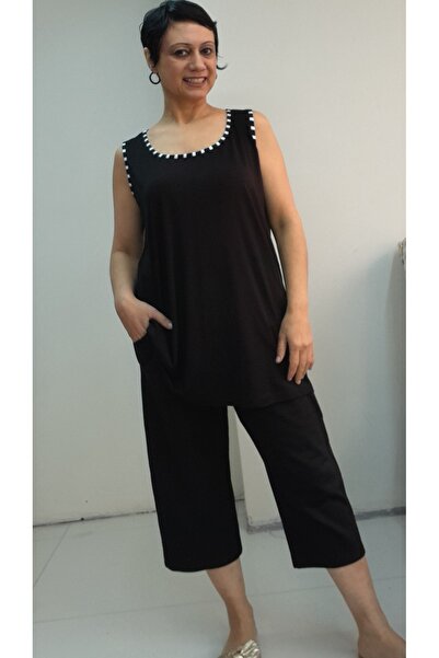 Mertcan Butik Black and White Piping Detailed Capri Length Pocket Thick Strap Combed Viscose Bottom Top Set