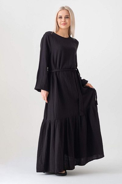 Fashion Showcase Fusta din țesătură de muselină, 100% bumbac, rochie casual de vară - neagră