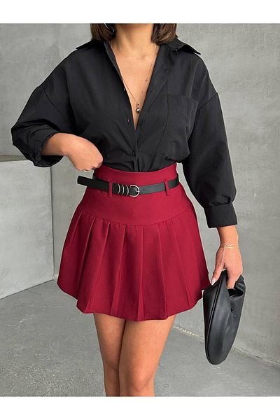 İLKCET MODA Fustă scurtă detaliată cu centură plisată de damă