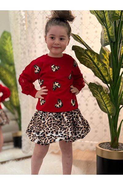 GÖKJOY BUTİK Leopard Heart Print Detail Girl's Skirt Suit