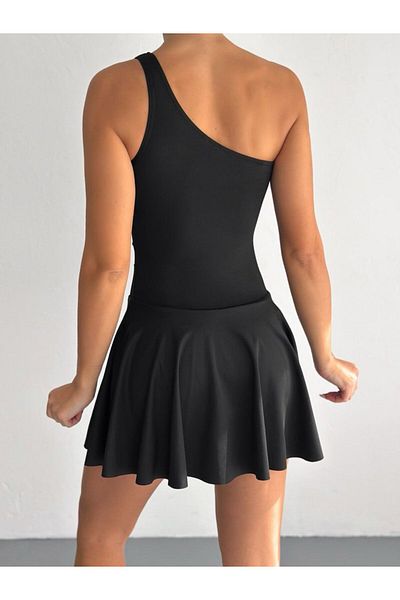 Ligossi Women's Black One Shoulder Tulle Detailed Skirted Shorts Swimsuit