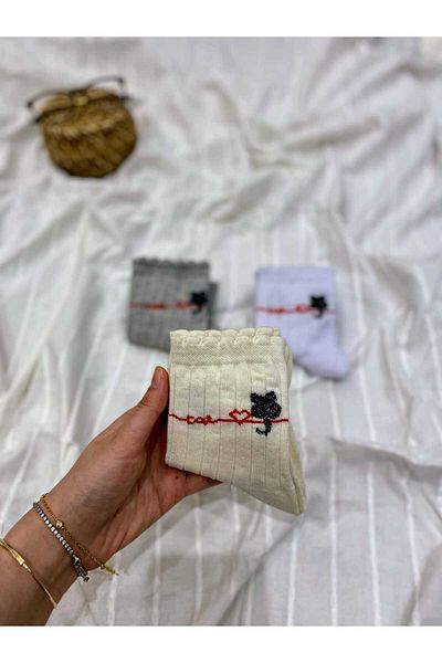 FUBA Aksesuar 3 Pairs Cute Multicolored Cat Pattern Socks Ribbed Socks