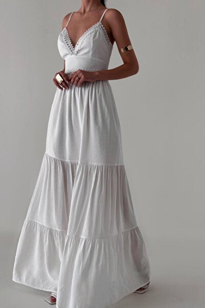 ZISHAN Dantel Detaylı Modern Tasarım Askılı Uzun Yazlık Yumuşacık Kadın Elbise  1862