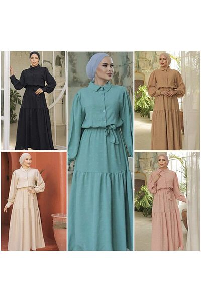 Yıldızistan Women's Stone Self Textured Belted, Long Balloon Sleeves Casual Long Aerobin Dress 3550350