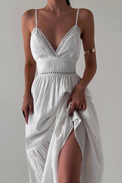 ZISHAN Dantel Detaylı Modern Tasarım Askılı Uzun Yazlık Yumuşacık Kadın Elbise  1862