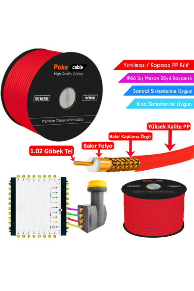 SLTECH Dış Mekan 100 Metre Politilien Anten Kablosu Gold RG6/U4 64Tel 1.02 100mt