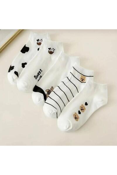 Moda Banuş 5 Pairs Panda and Cow Patterned White Women's Booties Socks Set