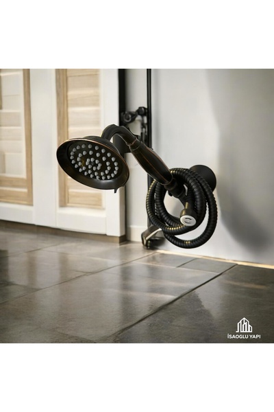 İSAOĞLU YAPI Siyah Duş Başlığı Vintage Klasik Duş Seti Pirinç 5 Yıl Garantili