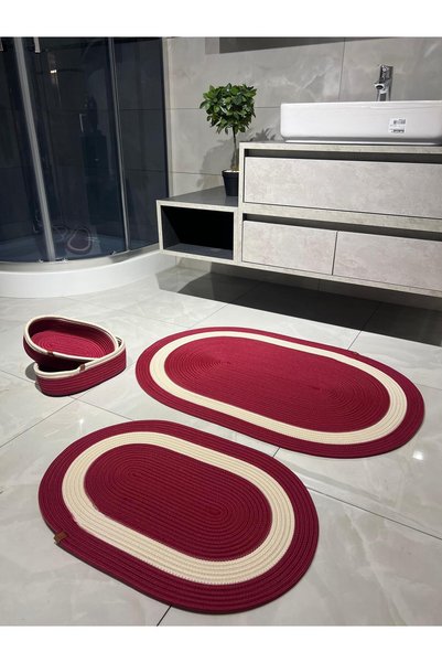 Türkmen Ev Tekstil Red 4-Piece Jute Wicker Bath Set ,Bath Mat Set, Bath Basket ,Mat, Basket Set, Decor