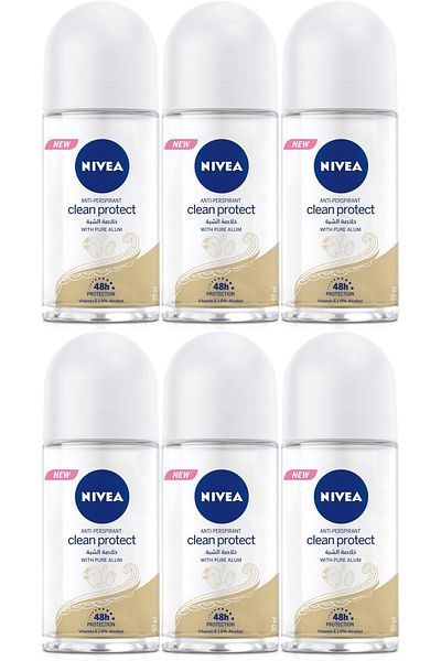NIVEA مزيل عرق رول أون كلين بروتكت مع الشبة 50 مل × 6