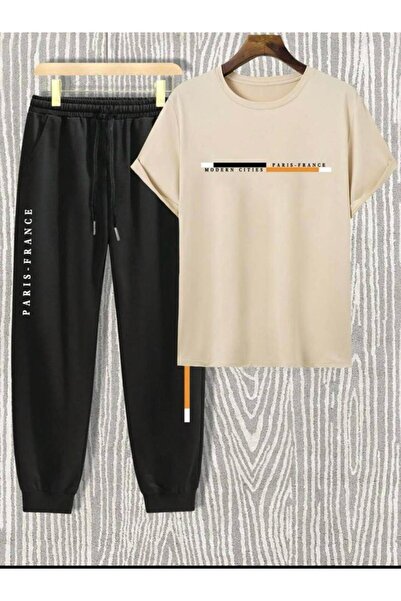 LA VESTİTİ Unisex Oversize Beige Paris Design T-Shirt & Black Jogger Tracksuit