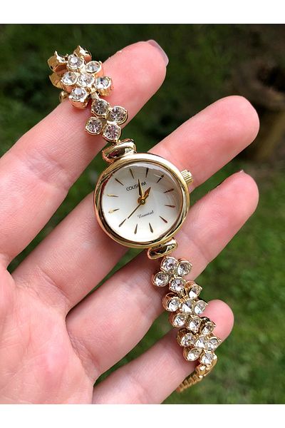 Coliseum Stylish Gold Women's Wristwatch with Round White Stone Inside