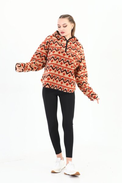 Edelle Kırmızı desenli Peluş Kadın Sweatshirt Kapüşonlu Bol Kesim