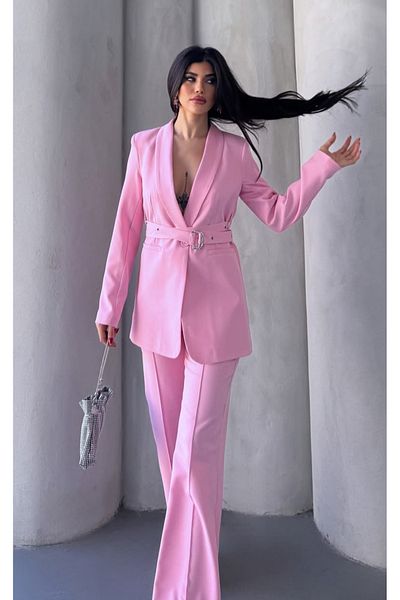 pembekurdelem Pink Women's Belted Jacket Pants Set