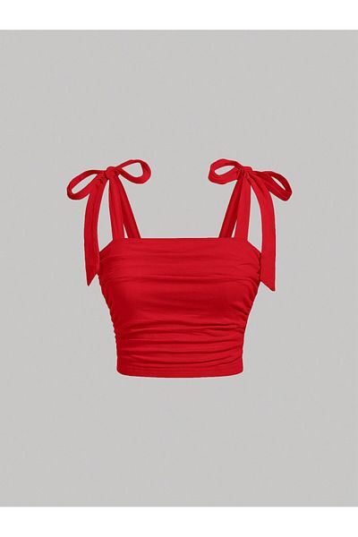 Marin Star Red Bow Summer Crop Top, Off Shoulder Wide Strap Blouse