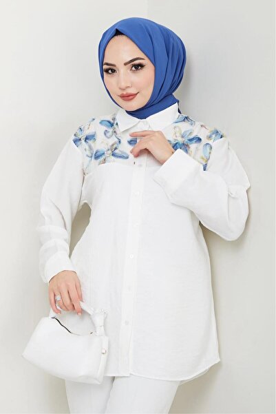 HİFADEN Women's Sequin Detail Floral Belted Hijab Shirt