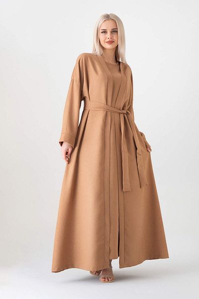 Fashion Showcase Αμάνικο Σετ Kimono Abaya Ferace – Καφέ