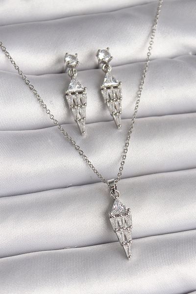 Skygo 316L Silver Color 3 Characters Leased Dangle Zircon Stone Necklace Earrings Set