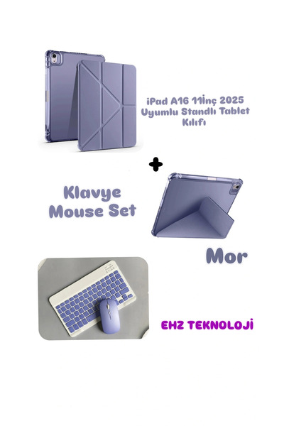 EHZ TEKNOLOJİ iPad A16 11İnç 2025 Uyumlu Standlı Tablet Kılıfı + Bluetooth Klavye Mouse Set