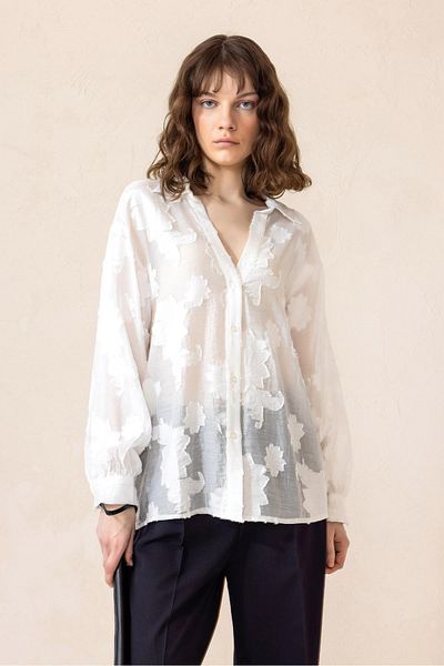 Olcay Cămașă ALBĂ supradimensionată jacquard cu decolteu în V 9309