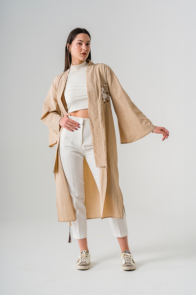 Galistore Kimono Camel Rengi Uzun Kaftan Çiçek Desen Nakışlı