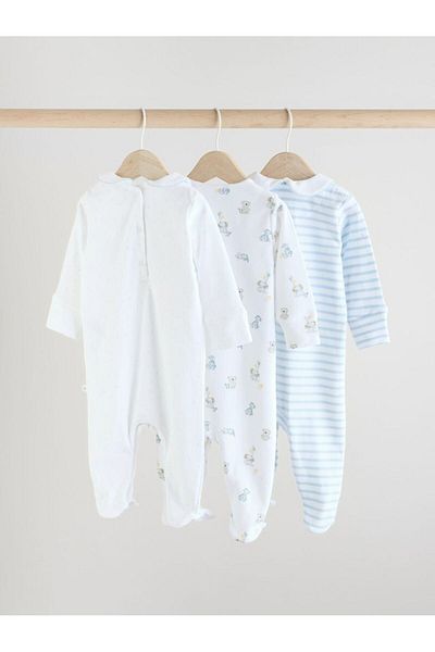 Next Baby 100% Cotton Cream Blue Rabbit Patterned Embroidered 3-Piece Jumpsuit Set