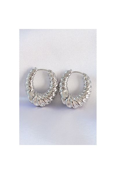 Skygo Brass Silver Color Serrated Detail Curved Hoop Earrings - Tj-Bkp8973