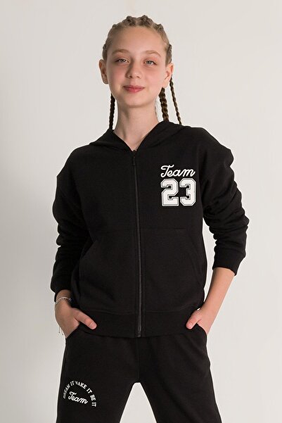 DMB KİDS DMB 23 Жіночий кардиган із застібкою-блискавкою та принтом - чорний