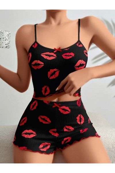 IVONA LINGERIE Kiss Patterned Black Strap Shorts Set