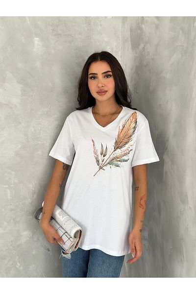 Esra Butik Hane Women's White V-Neck One Shoulder Feather Embroidered Sequin Sequin Embroidered 100% Cotton Large Size T-Shirt