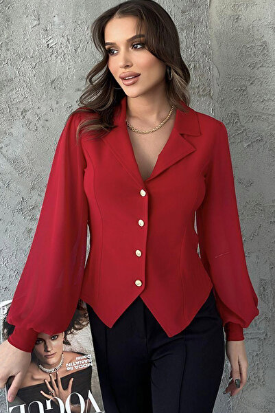 MissThetis Ceket Yaka Metal Düğmeli Uzun Şifon Balon Kol Şık ve Cool Likralı Bluz