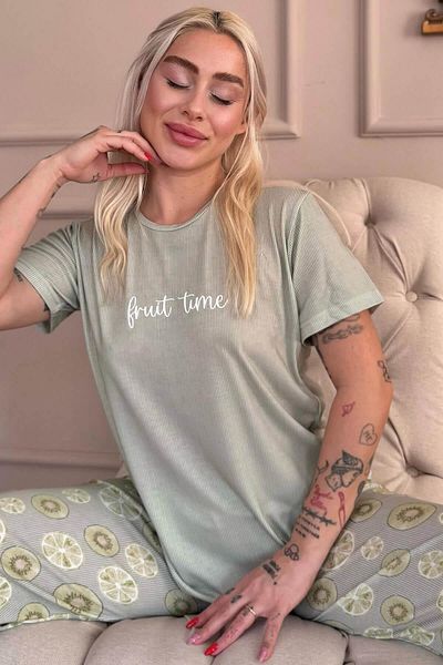 Pijamaevi Green Fruit Time Patterned Knitted Short Sleeve Women's Pajama Set