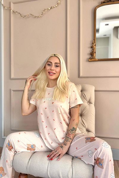Pijamaevi Light Powder Great Pattern Knitted Short Sleeve Women's Pajamas Set