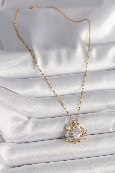 Skygo 316L Steel Gold Color Chain Zircon Stone Heart Model Rose Detail Women's Necklace - Tj-Bko9808