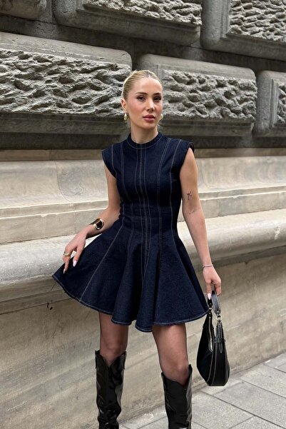 YK FASHION Belden Oturtmalı Denim Elbise