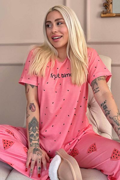 Pijamaevi Powder Fruit Time Patterned Knitted Short Sleeve Women's Pajama Set