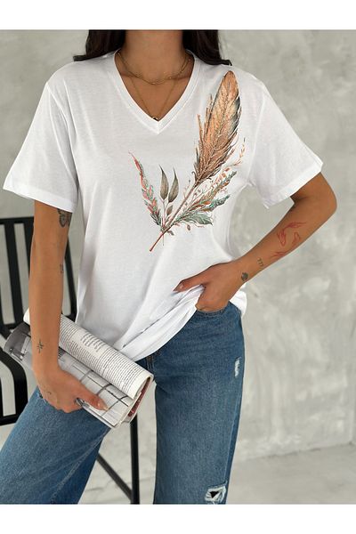 Esra Butik Hane Women's White V-Neck One Shoulder Feather Embroidered Sequin Sequin Embroidered 100% Cotton Large Size T-Shirt