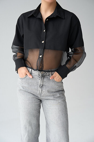 LOOSH Kadın Siyah Kalp Düğmeli Transparan Gömlek