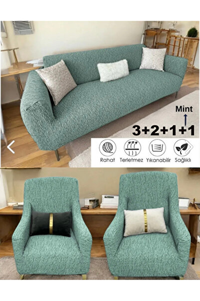 Home Lastikli Yıkanabilir Antrasit Jakarlı Koltuk Örtüsü Seti - 2x3'lü, 2x1'l...