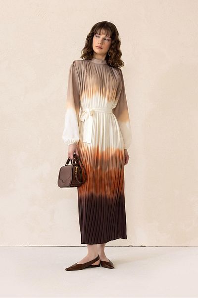 Olcay Batik Patterned Pleated Long Dress Brown 9304-E