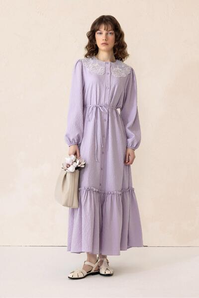 Olcay Jacquard Long Dress with Scallop Detail Lila 9298-E