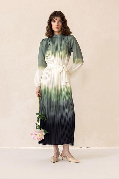 Olcay Rochie verde cu model Tie Dye - Plis lung 9304-E